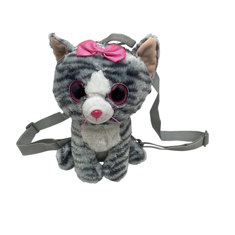 Ty Beanie Boos Kiki Grey Cat Plush Backpack Pink Glitter Eyes Striped 95003